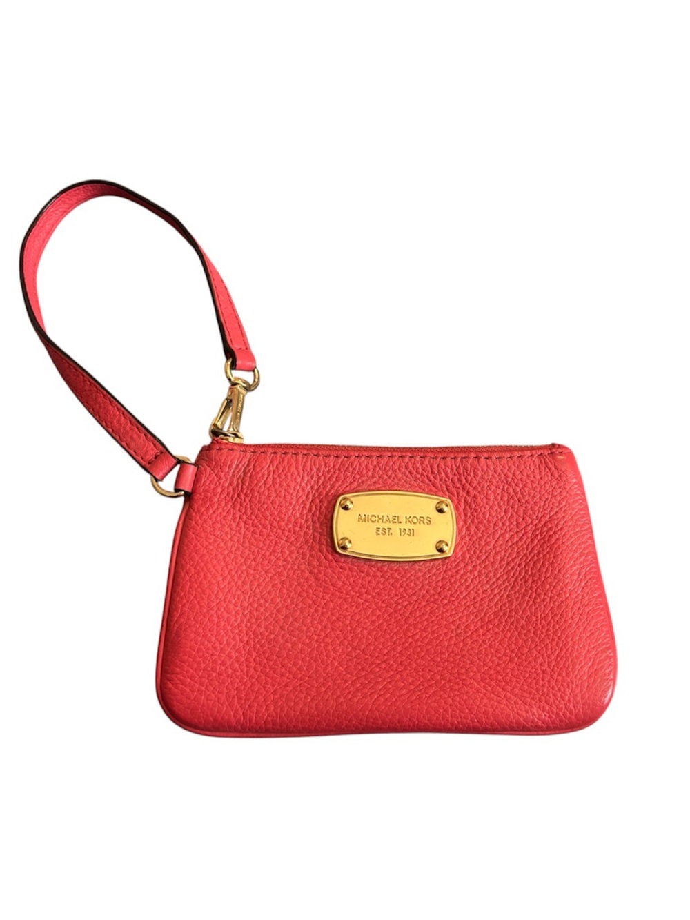 Michael Kors Coral Pink Pebbled Leather Wristlet with Gold Plaque